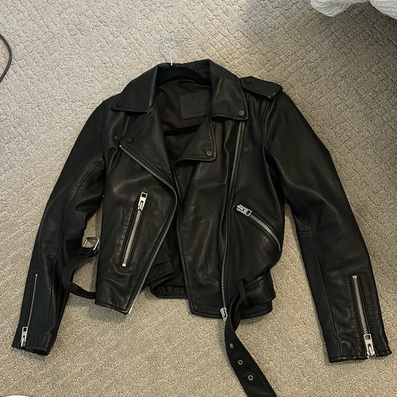 All Saints Balfern Motorcycle Black Leather Jacket Size 0 - Picture 4 of 7